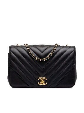 Chanel CC Logo Chevron V-stitch Chain Shoulder Bag Black Gold Lambskin